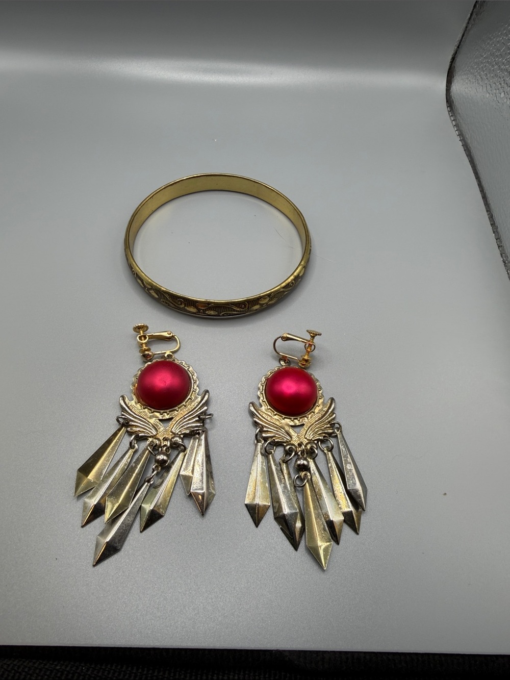 Gold-Tone Red Statement Earrings and Bangle Set
